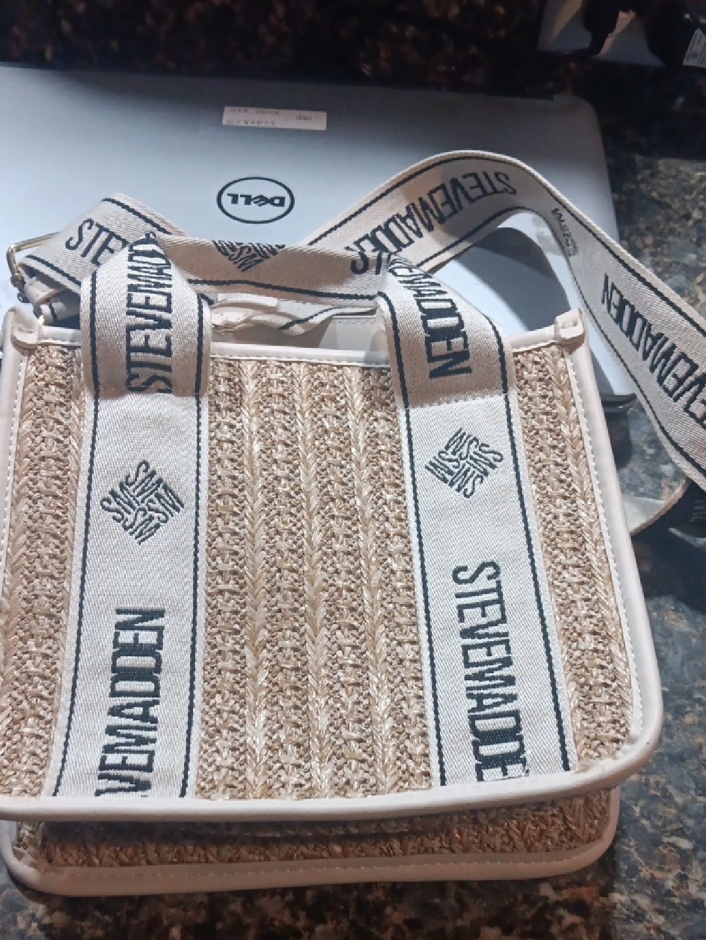 Steve Madden Natural Beige Woven Crossbody with Logo Strap